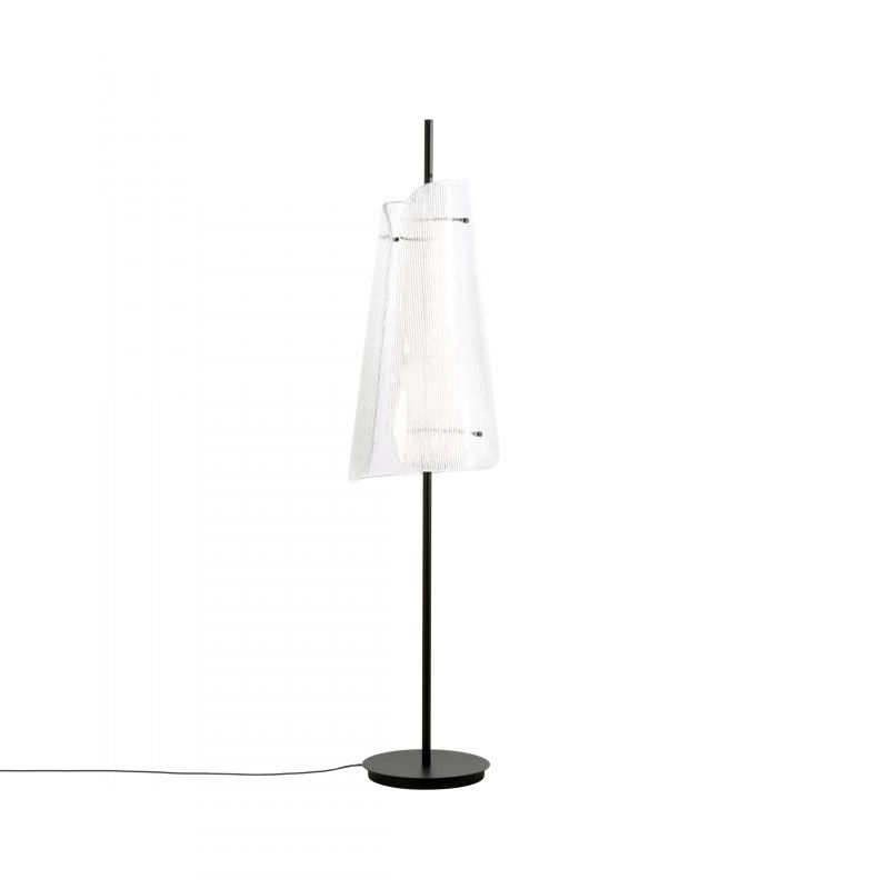Bent Two Stehleuchte von Pulpo: Transparentes Glas mit schwarzem Fuß und LED-Beleuchtung.
